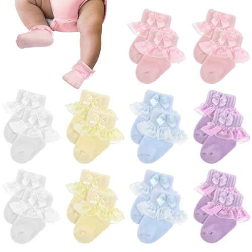 Twistover 10 Pairs Preemie Socks Ruffle Lace Ruffle Cotton Socks for Preemie Girls Boys (Lace Bow 3-6 Months Multicolor)