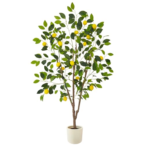 Warmplants Artificial Lemon Tree, 5ft Tall Fake Lemon Silk Plant with White Planter, Faux Lemon...