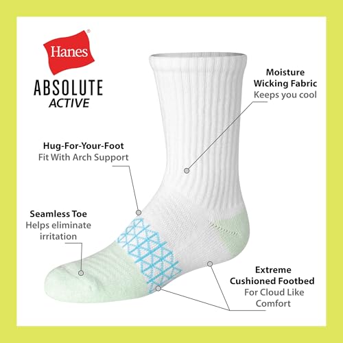 Hanes girls Cushioned Crew Socks, Absolute Active Crew Socks for Girls, Moisture-wicking, 6-pairs3