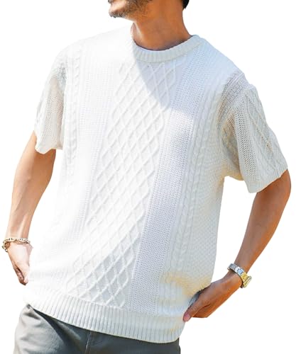 [JIGGYS SHOP] ジギーズショップ サマーアランニット｜L Aホワイト 春服 夏服 サマーセーター トップス 薄手 V U クルー ネック 丸首 無地 ボーダー 半袖 サーフ系 父の日 ドライ シンプル 大人 きれいめ カジュアルの商品画像（Amazon）