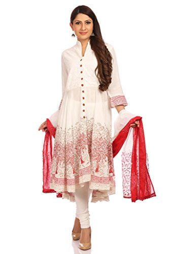 Image of BIBA Womens Mandarin Collar Printed Churidar Suit