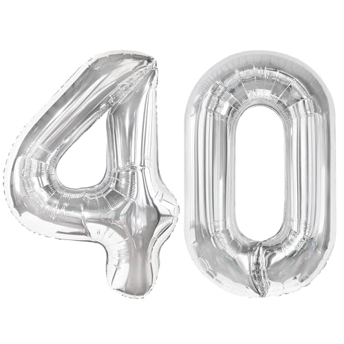 Image of Silver Number 40 Balloon 40 inch, 40 Number Balloons, 40th Silver Birthday Decorations, 40 Year Old Women Men Silver Party Supplies