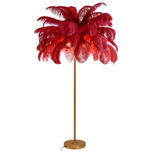 Lampe à Plumes sur Pied Dimmable - Corps Doré, 160 cm de Hauteur, G4-LED pour Salon, Chambre, Lecture - Rouge, Grand