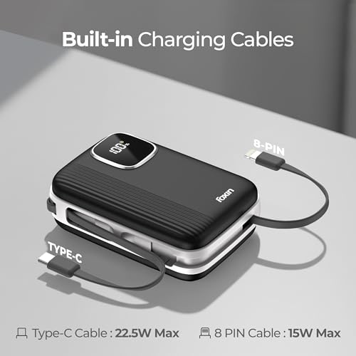 Image of Foxin ChargeX 20 Pocket Power Bank 20000mAh 22.5W Super Fast Charging | Type C & 8 Pin Dual Output Ports| Type C & USB Input & Output |Supports Android, Apple, Tablets | Built-in-Cable | Black