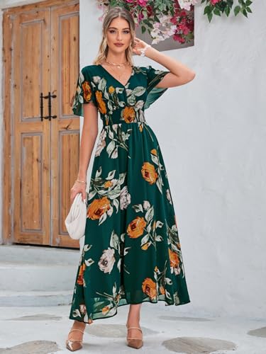 Image of Simplee Women's Boho Floral Maxi Dress Flowy Casual V Neck Short Sleeve Wedding Guest Holiday Beach Long Dress