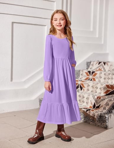 Image of Arshiner Girls Maxi Dresses Lantern Long Sleeve Casual Holiday Dress with Pockets for 5-14 Y
