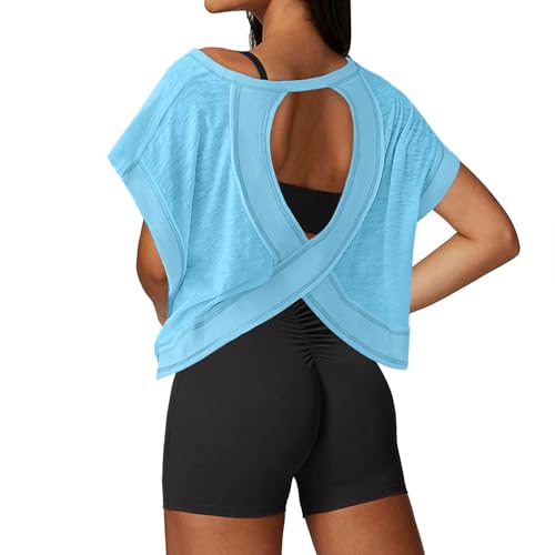 Image of UNIANKIYA Open Back Workout Tops for Women Loose Fit Athletic Crop Tee Short Sleeve Gym Running Yoga Shirt