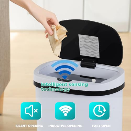 Image of BestOffice | 13 Gallon Plastic Trash Can with Lid | White | Automatic Touchless Garbage Can | Odor Control | Modern Oval Design | Easy to Clean | For Kitchen, Bathroom, Office or Home