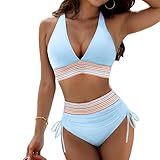 Bikini Oberteil große brüste Shaping Bikini Bauchweg V Ausschnitt Hose mit Bindeband Farbblock Verstellbare Träger Zweiteiliger Bademode Light Blue L