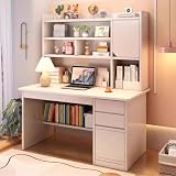 LIJBDDM scrivania legno massello，scrivania bianca con cassetti Scrivania per Casa e Ufficio con Ripiano Portaoggetti e Libreria per PC per Lavorare e Studiare (Size:120x45x165cm,Color:Bianco)