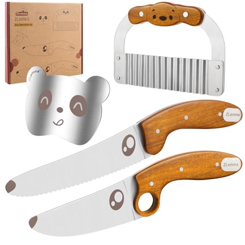 ZLemma Juego de cuchillos para niños para cocinar de verdad con anillo educativo, punta redondeada, protector de dedos, cuchillo arrugado, kit de cuchillos de cocina para niños de 4 piezas
