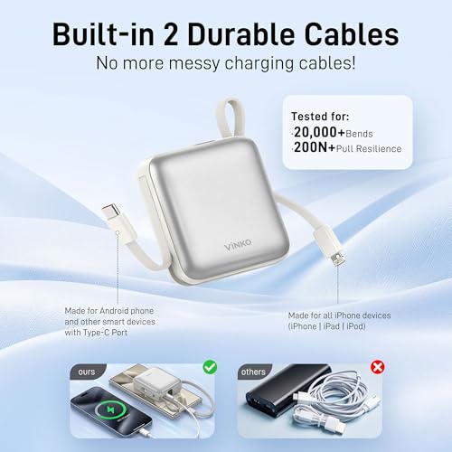 VINKO Small Power Bank with Built-in Cable,10000mAh Fast Charging Power Bank, 22.5W USB C Portable Charger, Mini Battery Pack for iPhone 16 15 14 13 Samsung Galaxy Google Android (White) - Image 6