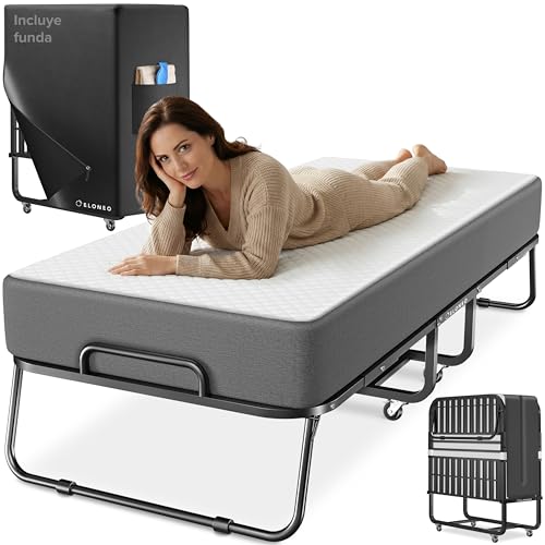 ELONEO Cama Plegable 90x200 cm Incl. colchón | Cama de Invitados Plegable, soporta hasta 250 kg | Cama de Viaje Plegable con Estructura metálica y Ruedas de Transporte | Incl. Funda Protectora