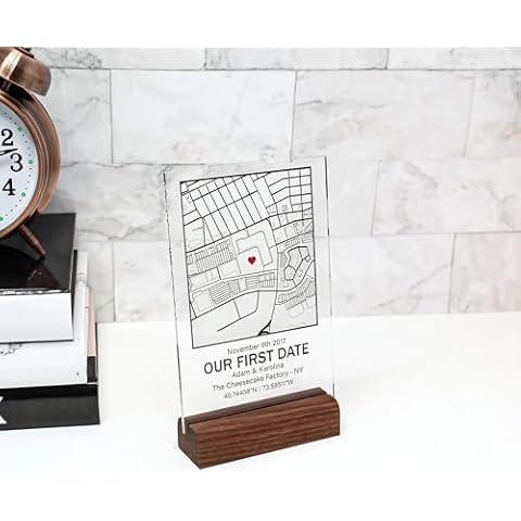Personalized Acrylic Map Our First Date with Wood Stand for Mother, Wife, Girlfriend, Husband, Boyfriend - Custom Coordinates, Date, Names (4x6 inch) Cover