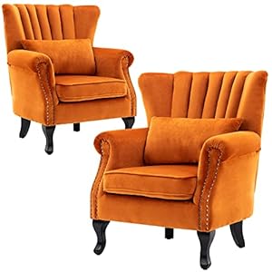 Velvet Accent Chairs Set of 2 with Arm Comfy Living Room Chair Mid Century Modern Wingback Side Chair Single Sofa Couch for Bedroom Guest Room Orange