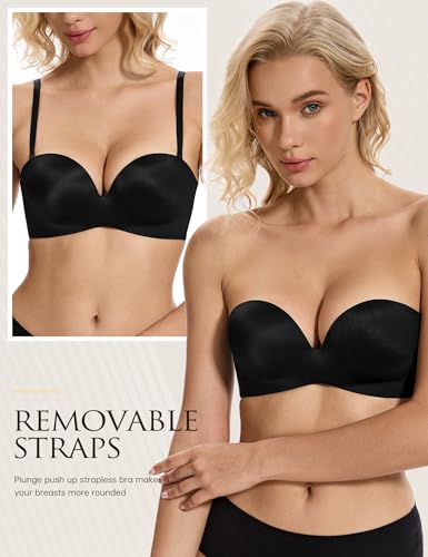 Image of Wingslove Strapless Bra Push Up for Women Underwire Half Backless Bra with Removable Straps Seamless Padded Support