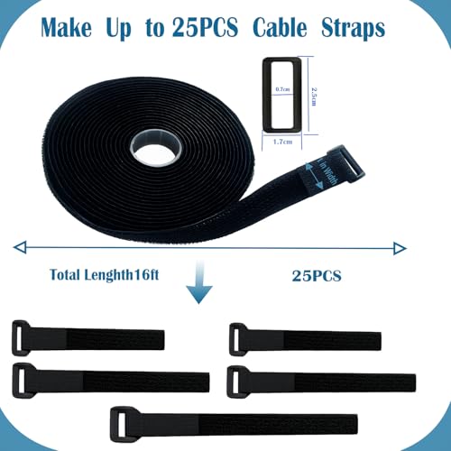 Image of 1 inch x 16ft Nylon Hook and Loop Straps with 25 Plastic Buckles。Reusable Adjustable Strips Freely Cut-to-Length Straps for Organizer or Storage Straps （Black）