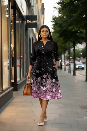 Image of Nmoder Women's Plus Size Stretchy Flared Wrap Dress Casual Wedding Guest Midi Dresses V Neck 3 /4 Sleeve A-Line Swing Dress