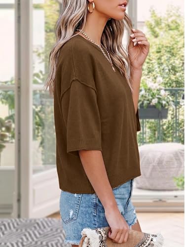 LaGracia Sweater for Women Summer Short Sleeve Oversized Cropped Sweaters Casual Crewneck Lightweight Knit Tops Coffee XL — view 4