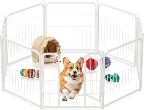 Koreal Metal Dog Playpen, 60cm Height 8 Panels Pet Playpen, Foldable Puppy Playpens with Doors, No Tool Quick Install, Pet Puppy Playpen for RV, Camping, Yard, White