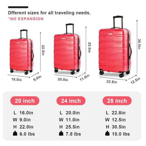 Luggage Sets ABS+PC Hardshell 3pcs Clearance Luggage Hardside Lightweight Durable Suitcase sets Spinner Wheels Suitcase with TSA Lock (20/24/28),Red2