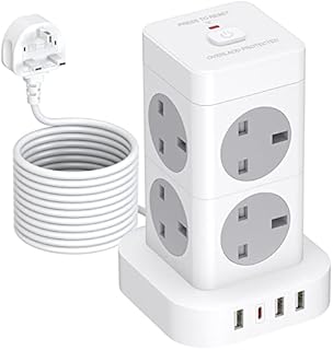 Hulker 5M Tower Extension Lead with USB C, 8 Way 4 USB Vertical Power Strip Overload Protection Multi Plug Extension 5M Long Extension Cord Tower Charging Station 3250W 13A