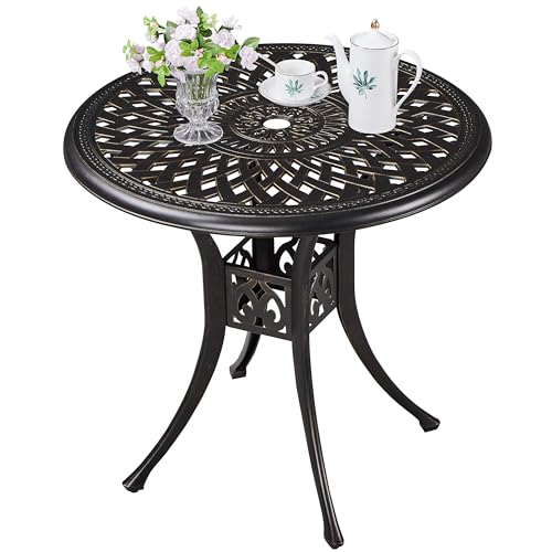 Yaheetech Table de Jardin Ronde Design Vintage en Aluminium avec Trou pour Parasol Patins Réglables Table de Bistrot Extérieur Diamètre 78 cm pour Patio...