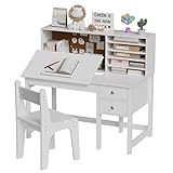 CASANOOKK Kids Study Desk and Chair Set with Hutch,Children Multi Functional Wooden Computer Workstation with Tiltable Desktop,Student Writing Desk with Storage and Shelves for Boys Girls Home