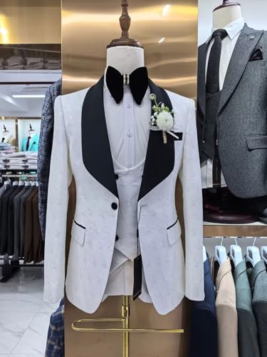 Men's Jacquard 3 Piece Suit White Tuxedo Formal Slim Fit Suit with Vest Black Pants for Wedding2