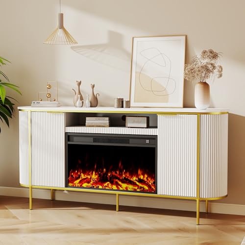 Fluted White TV Stand with Fireplace and Storage