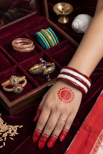 Image of HAPPYCRAFT Shell Shakha Pola Bangles for Married Women - (Pack of 4) | Traditional Bengali Shankha Pola Set in Red and White | Ethnic Bangles for Daily Puja Rituals Festivals Ceremonies