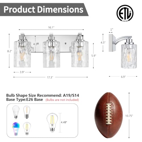 Image of 3-Light Bathroom Light Fixtures Modern Chrome Vanity Lights | Easy to Install Clear Hammered Glass Shades, Rippled Glow, Wall Mount Up or Down, E26 Socket, Hardwired, 120V