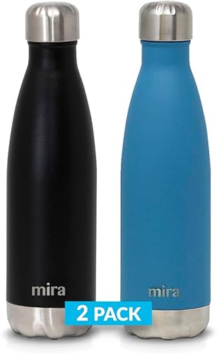 MIRA - Paquete de 2 botellas de agua de acero inoxidable con aislamiento en forma de cola de 17 onzas termo de doble pared aislado al vacío botella