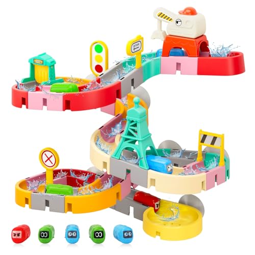 51 Pcs Bath Toys for Toddlers Traffic Themed Water Slide Track Game