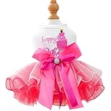 MQQYLBHDS Dog Birthday Dress with Cake Pattern & Bowknot Girl Puppy Clothes for Small Dog Cat Birthday Outfit with Tutu Skirt Party Tulle Pet Apparel (Fuchsia, Medium)