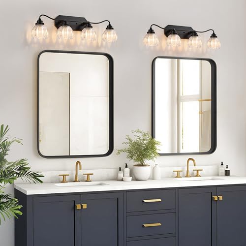 Image of Vintage Bathroom Light Fixtures, 4 Light Bathroom Vanity Light, Black Matte Antique Brass Finish with Crystal Glass Shade, Mid Century Wall Sconces for Bedroom, Living Room, Hallway