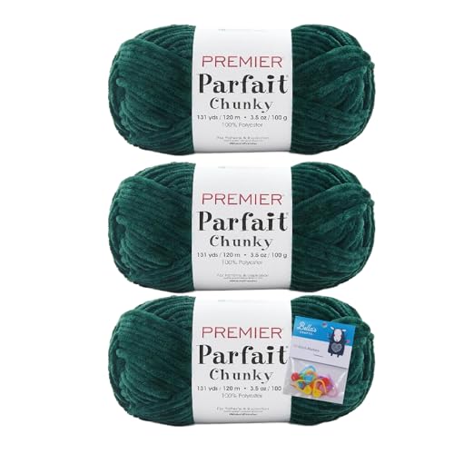 Image of Premier Yarns Parfait Chunky Chenille 3.5 Oz 6 Super Bulky Weight 3 Pack Bundle with Bella's Stitch Place Holders (Ivy)