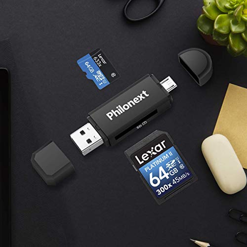 Philonext, Lettore di schede di Memoria, Lettore di schede SD/Micro SD e Adattatore Micro USB OTG a USB 2.0 con Spina USB Standard Micro USB per PC e Notebook Smartphone/Tablet con Funzione OTG