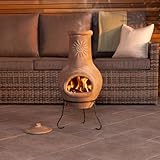 CHARLES BENTLEY Outdoor, Garden, Patio, Medium, Open Bowl, Natural Clay Chimenea, Patio Heater, Easy To Assemble, Rustic Finish, Sun Design, Burns Wood, Clay And Steel Stand, Weatherproof (80x35cm)
