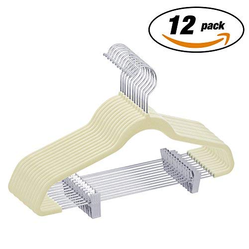IEOKE Pants Hangers, Trousers Hangers with Clips,Velvet Hangers Non Slip Clothes Hangers with Heavy Duty 360 Swivel Hanger Hook - 12 Pack