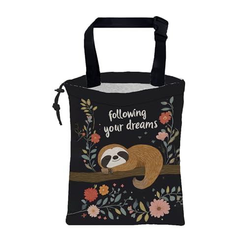 Car Garbage Bag Cute Brown Sloth and Floral Hanging Canvas Car Trash Bag Drawstring Car Back Seat Organizer for Car Back Front Seat Console with Adjustable Buckle