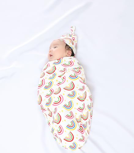 Image of Newborn Swaddle Blanket with Hat Set,Unisex Baby Receiving Blanket Nursery Wrap for Girls and Boys, Viscose Made from Bamboo Rainbow One Size