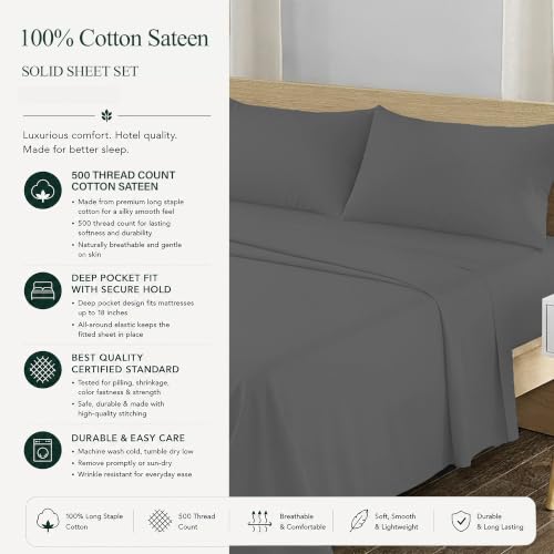 Image of Feather & Stitch 500 TC Split King Size Sheet Set, 5 piece Bed Sheets Set-2 Twin Fitted Sheet, 1 King Flat Sheet & 2 King Pillowcases, 18 inch Deep Pockets Sateen Weave Solid Bedsheet - (Charcoal Slate)