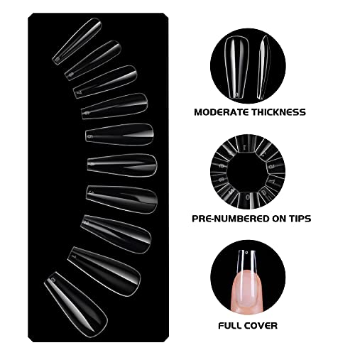 Fake Nail Tips, Clear False Acrylic Coffin Nails Full Cover Long Ballerina Traceless Artificial Nails with Box for Salons and DIY Nail Art at Home 10 Sizes (500PCS) (Clear)