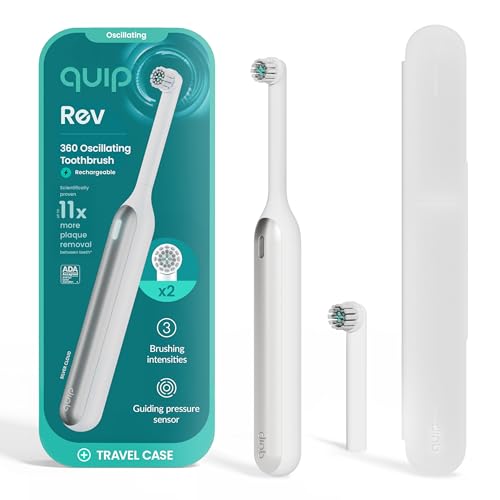 Quip-360-Oscillating-Rechargeable-Electric-Toothbrush-with-Extra-Brush-Head-Soft-Bristles-Pressure-Sensor-3-Intensities-30-Day-Battery-Life-2-Min-Timer-Travel-Case-Mirror-Mount-Silver-Cloud Quip 360 Oscillating Rechargeable Electric Toothbrush with Extra Brush Head - Soft Bristles, Pressure Sensor, 3 Intensities, 30-Day Battery Life, 2-Min Timer, Travel Case, Mirror Mount - Silver Cloud - Image 1