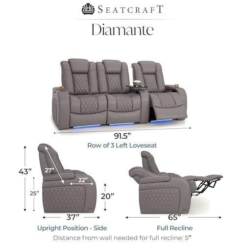 Image of Seatcraft Diamante Gray Italian Leather Home Theater Seating, Zero Gravity Power Recliner Gaming and Home Office Chair, Powered Headrest Lounge Sofa Furniture for Cinema Room, Row of 3 Left Loveseats