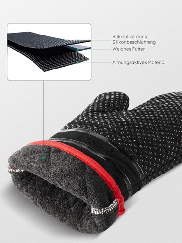 Ofenhandschuhe, hitzebeständige Küchenhandschuhe 300 °C, rutschfeste Silikon-Oberfläche, extra lang, flexibel, Dicke Handschuhe für Küche, Kochen, Backen, Grillen, Rot