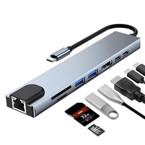 DreamQuest Hubs Type C 2.0 8 en 1 con USB 3.0, puerto USB 2.0, 4K HDMI, PD 65 W, TF/SD, 100 Mbps tarjeta de red para escritorio, portátil, Xbox, Flash Drive, HDD, consola, impresora, PC, teclados, HP