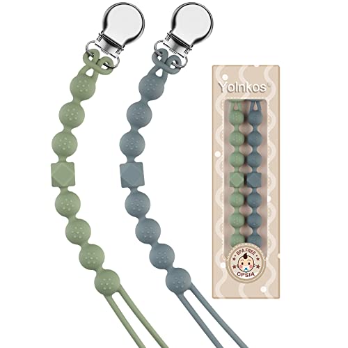 Image of Yolnkos Pacifier Clip Baby Girls Boys Silicone Paci Holder One-Piece Soothie Binky Clips with Texture Soft Flexible Birthday Christmas Shower Gift 2 Pack (Grey, Green)
