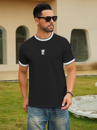 Hardaddy Men's Casual Letter Graphic Print Striped Trim Tee Tops Summer Short Sleeve Round Neck T-Shirt2